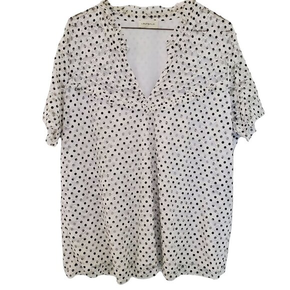 Laura Plus Polka Dot V Neck Blouse with Lace overlay and ruffled chest detail - Picture 1 of 9